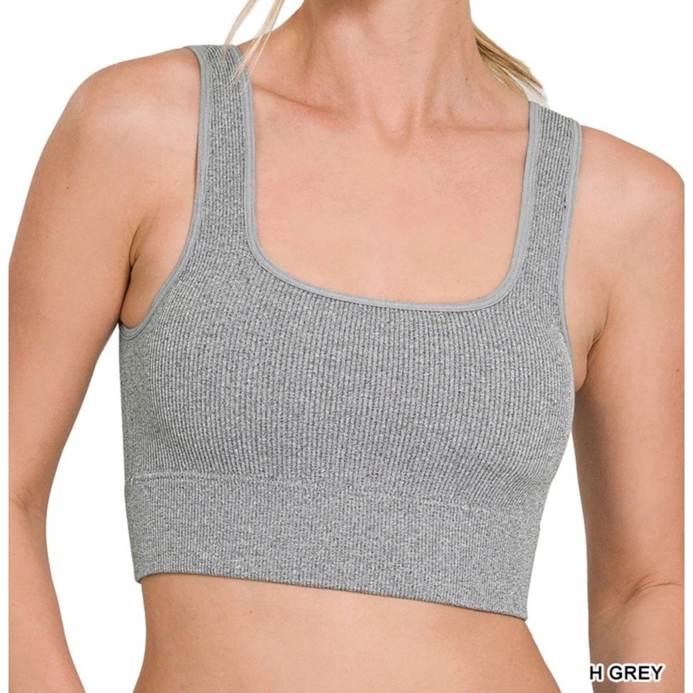 Zenana Light Grey Ribbed Square Neck Bralette w/ pads Brami Crop‎ Top S/M
